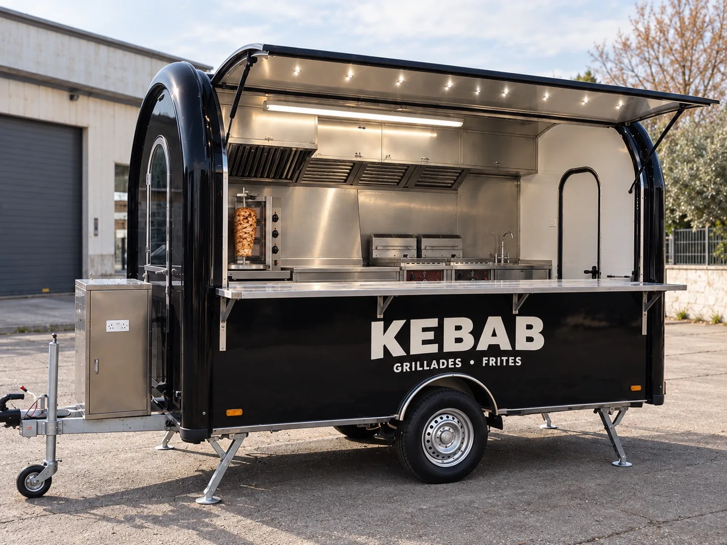 Remorque food truck noire avec l’inscription KEBAB, broche et espace de cuisson visibles