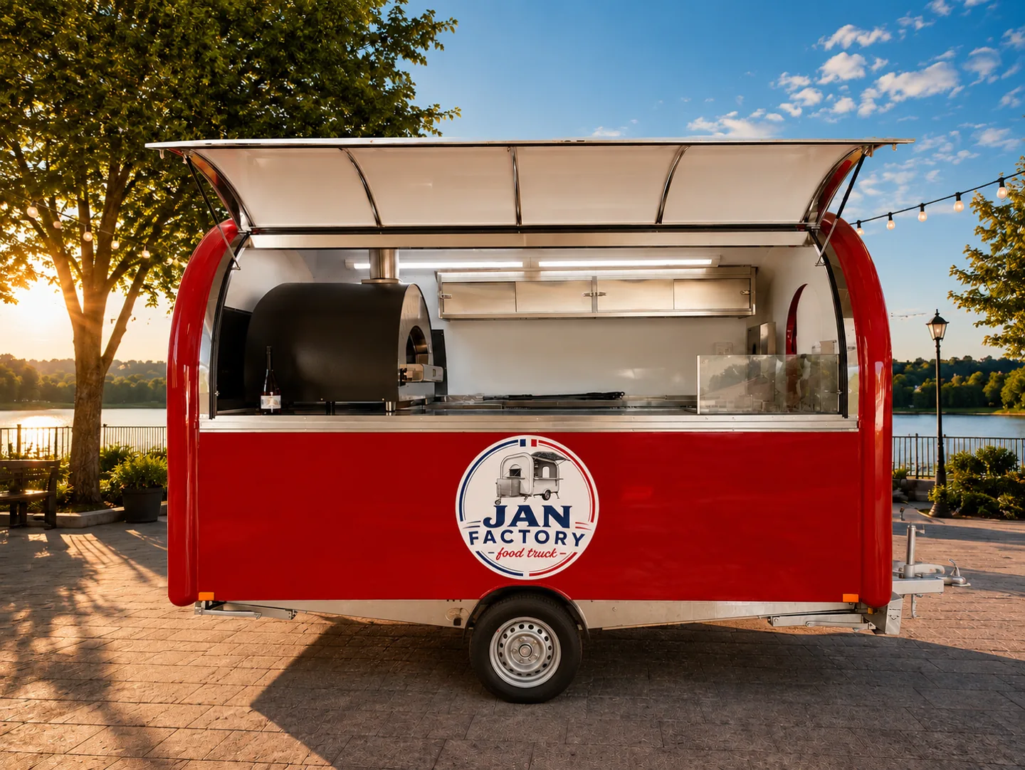 Illustration d’une remorque pizza rouge avec hayon ouvert, four et logo JAN FACTORY