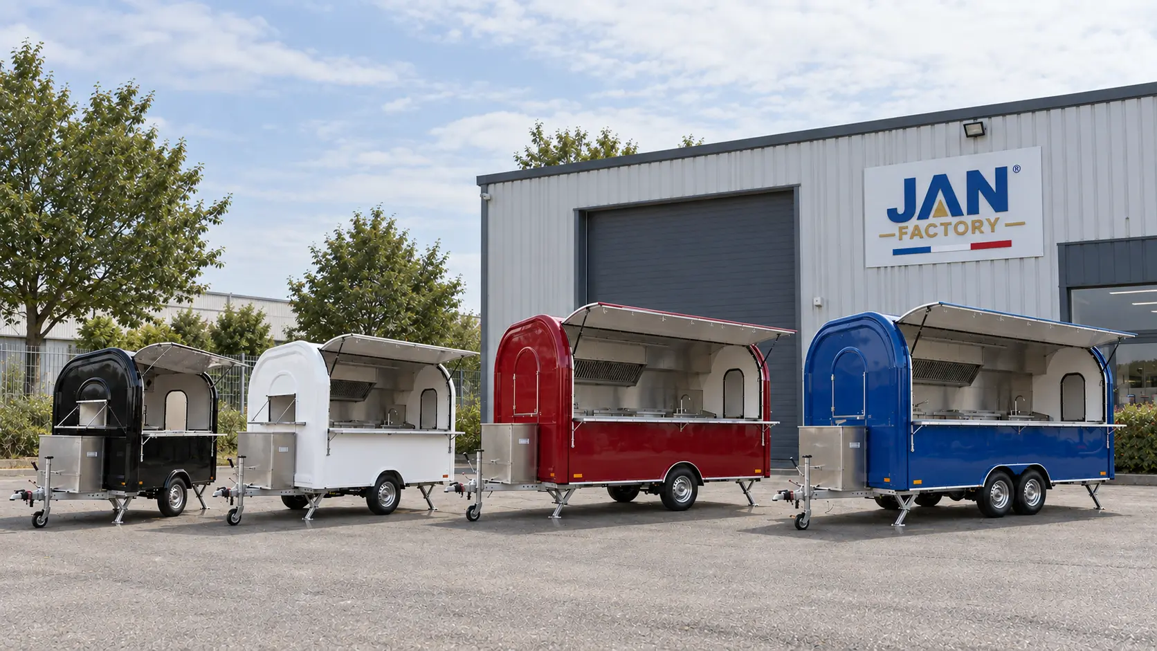 L'atelier JAN FACTORY à Vernon : cinq remorques food truck alignées, prêtes à partir